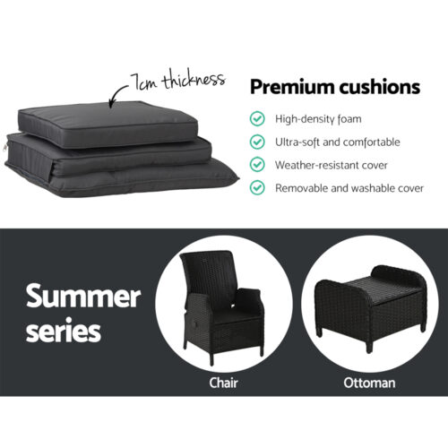 Gardeon Recliner Chair Sun lounge Wicker Lounger Outdoor Furniture Patio Adjustable Black - Image 8