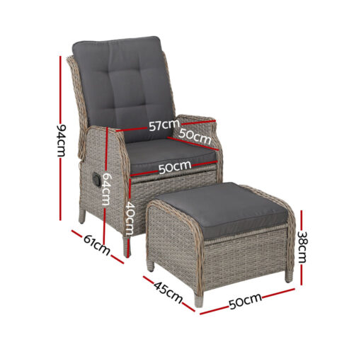 Gardeon 2PC Recliner Chair Sun lounge Wicker Lounger Outdoor Furniture Adjustable Grey - Image 3