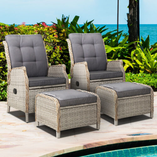 Gardeon 2PC Recliner Chair Sun lounge Wicker Lounger Outdoor Furniture Adjustable Grey - Image 9