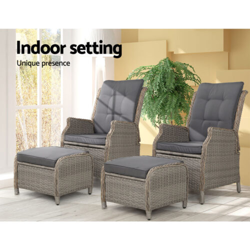 Gardeon 2PC Recliner Chair Sun lounge Wicker Lounger Outdoor Furniture Adjustable Grey - Image 13