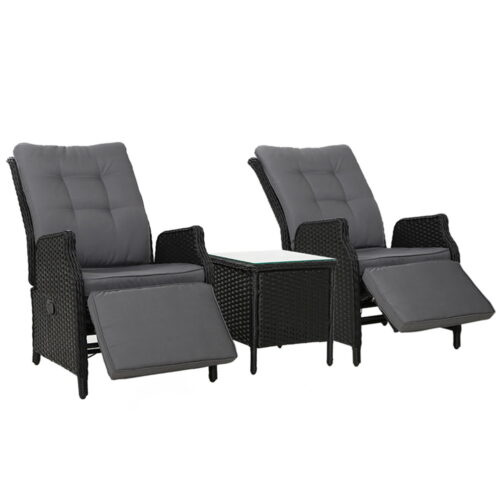 Gardeon 3PC Recliner Chairs Table Sun lounge Outdoor Furniture Wicker Adjustable Black - Image 2
