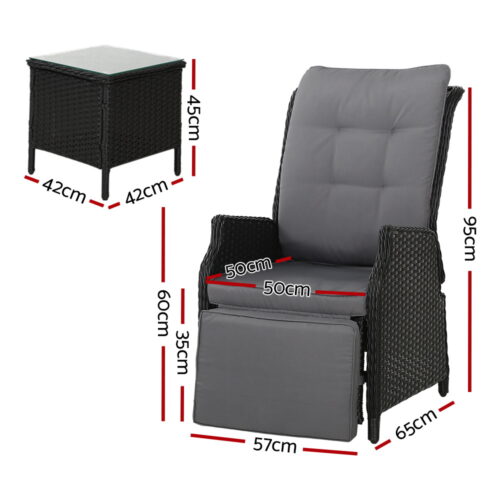 Gardeon 3PC Recliner Chairs Table Sun lounge Outdoor Furniture Wicker Adjustable Black - Image 3