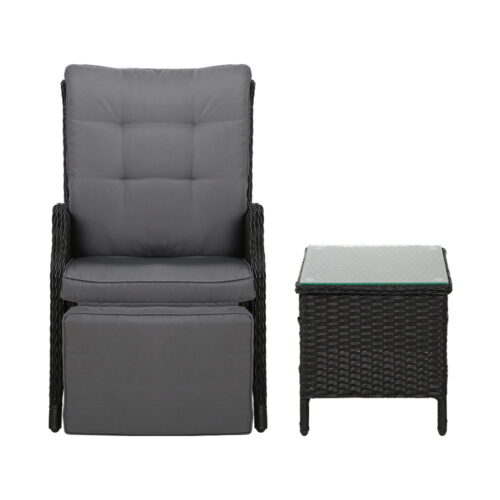 Gardeon 3PC Recliner Chairs Table Sun lounge Outdoor Furniture Wicker Adjustable Black - Image 4