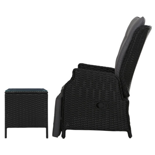 Gardeon 3PC Recliner Chairs Table Sun lounge Outdoor Furniture Wicker Adjustable Black - Image 5
