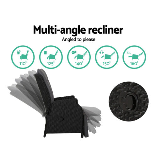 Gardeon 3PC Recliner Chairs Table Sun lounge Outdoor Furniture Wicker Adjustable Black - Image 7