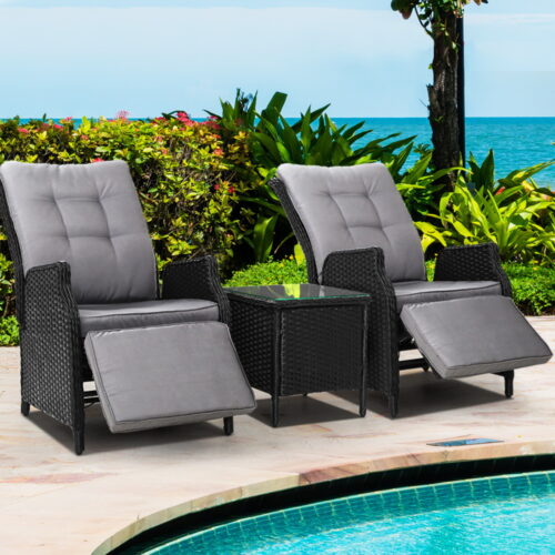 Gardeon 3PC Recliner Chairs Table Sun lounge Outdoor Furniture Wicker Adjustable Black - Image 9