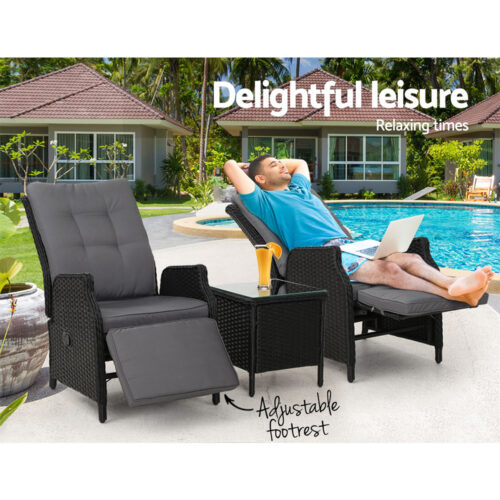 Gardeon 3PC Recliner Chairs Table Sun lounge Outdoor Furniture Wicker Adjustable Black - Image 10