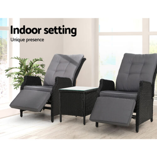 Gardeon 3PC Recliner Chairs Table Sun lounge Outdoor Furniture Wicker Adjustable Black - Image 13