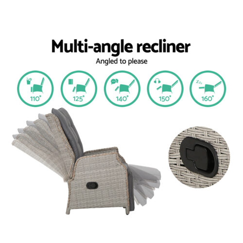 Gardeon 2PC Recliner Chairs Sun lounge Wicker Lounger Outdoor Furniture Adjustable Grey - Image 7
