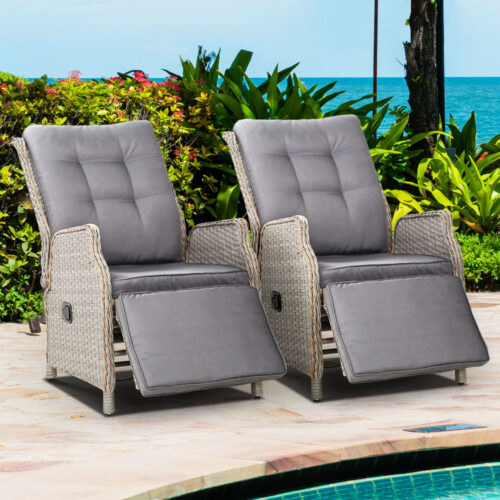 Gardeon 2PC Recliner Chairs Sun lounge Wicker Lounger Outdoor Furniture Adjustable Grey - Image 9