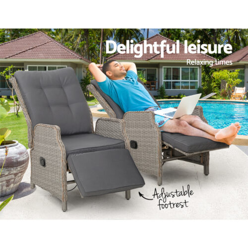 Gardeon 2PC Recliner Chairs Sun lounge Wicker Lounger Outdoor Furniture Adjustable Grey - Image 10