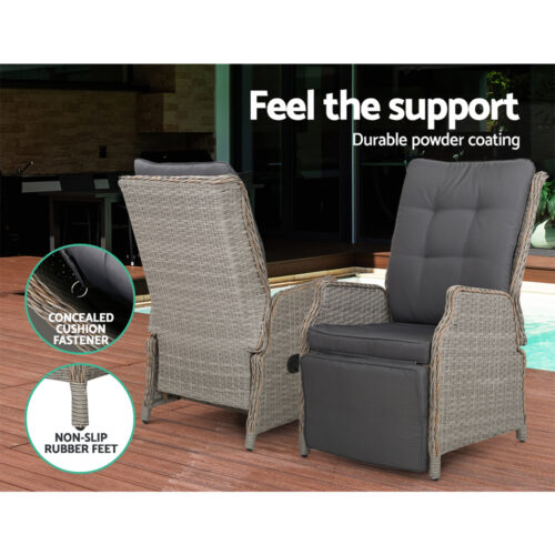 Gardeon 2PC Recliner Chairs Sun lounge Wicker Lounger Outdoor Furniture Adjustable Grey - Image 11