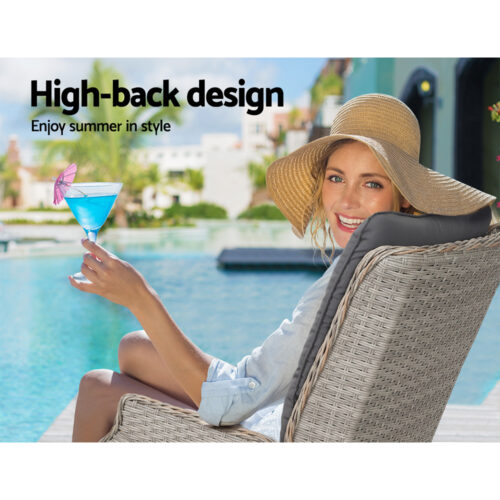 Gardeon 2PC Recliner Chairs Sun lounge Wicker Lounger Outdoor Furniture Adjustable Grey - Image 12