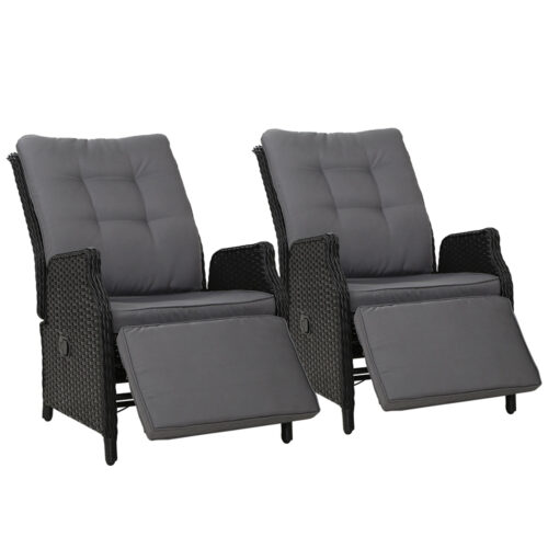 Gardeon 2PC Recliner Chairs Sun lounge Wicker Lounger Outdoor Furniture Adjustable Black - Image 2
