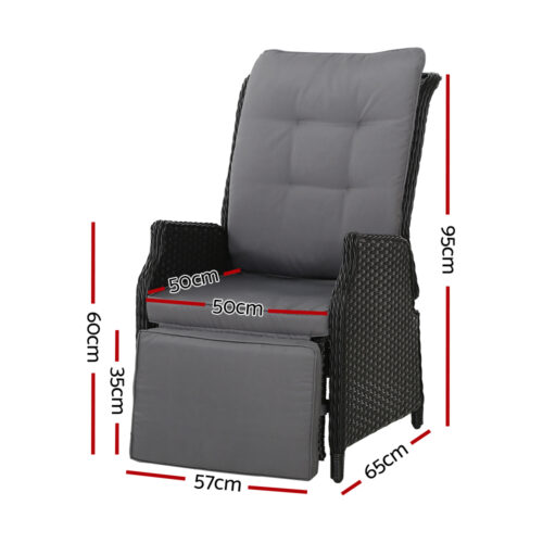 Gardeon 2PC Recliner Chairs Sun lounge Wicker Lounger Outdoor Furniture Adjustable Black - Image 3