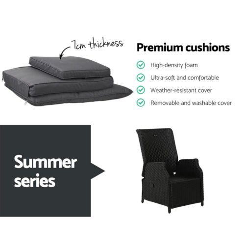 Gardeon 2PC Recliner Chairs Sun lounge Wicker Lounger Outdoor Furniture Adjustable Black - Image 8