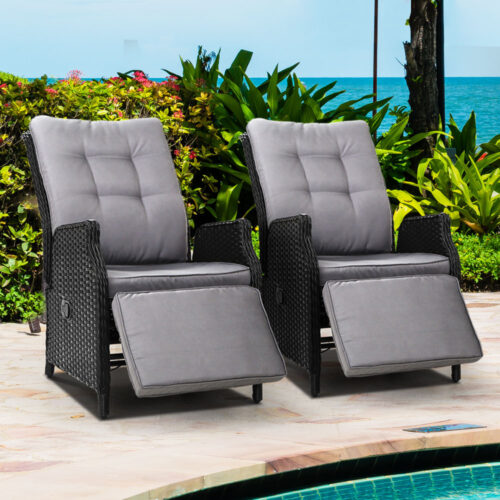 Gardeon 2PC Recliner Chairs Sun lounge Wicker Lounger Outdoor Furniture Adjustable Black - Image 9