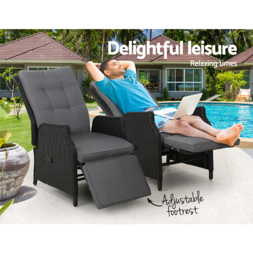Gardeon 2PC Recliner Chairs Sun lounge Wicker Lounger Outdoor Furniture Adjustable Black - Image 10