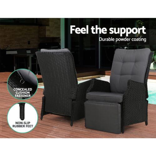 Gardeon 2PC Recliner Chairs Sun lounge Wicker Lounger Outdoor Furniture Adjustable Black - Image 11