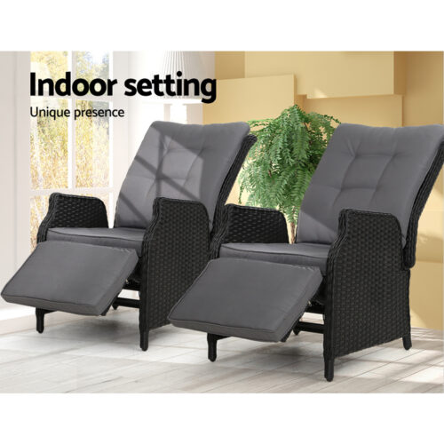 Gardeon 2PC Recliner Chairs Sun lounge Wicker Lounger Outdoor Furniture Adjustable Black - Image 13