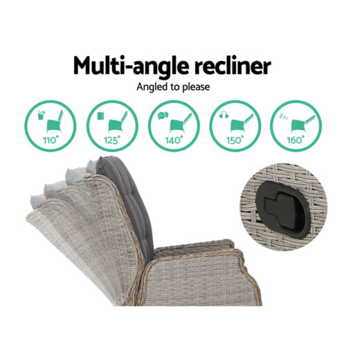Gardeon Recliner Chair Sun lounge Wicker Lounger Outdoor Furniture Patio Adjustable Grey - Image 7