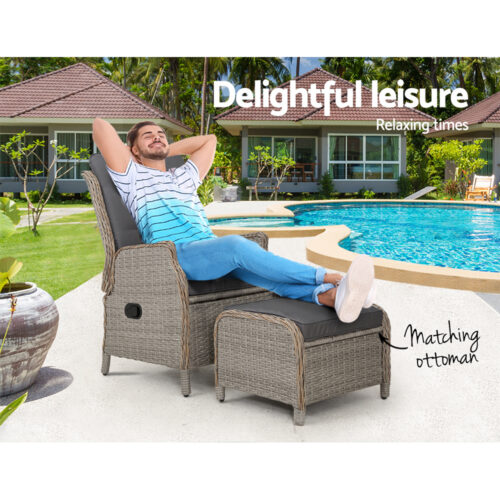 Gardeon Recliner Chair Sun lounge Wicker Lounger Outdoor Furniture Patio Adjustable Grey - Image 10