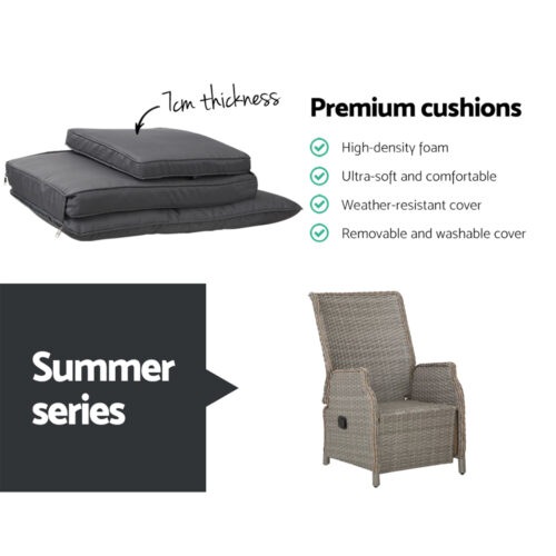 Gardeon Recliner Chairs Sun lounge Wicker Lounger Outdoor Furniture Patio Adjustable Grey - Image 8