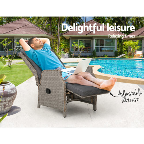 Gardeon Recliner Chairs Sun lounge Wicker Lounger Outdoor Furniture Patio Adjustable Grey - Image 10
