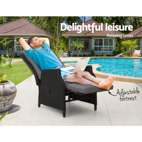 Gardeon Recliner Chairs Sun lounge Wicker Lounger Outdoor Furniture Patio Adjustable Black - Image 10