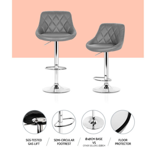 Artiss 4x Bar Stools Leather Padded Gas Lift Grey - Image 4