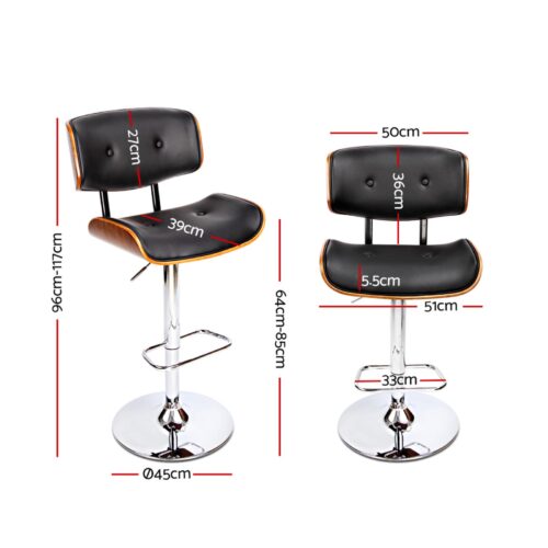 Artiss 2x Bar Stools Gas Lift Leather Black - Image 3