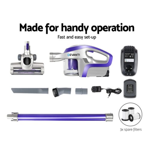 Devanti Stick Vacuum Cleaner Cordless HEPA Filter Purple 150W - Image 6