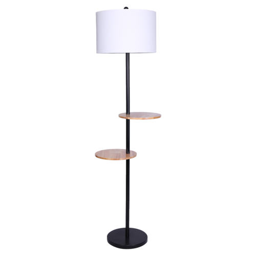 Sarantino Metal Floor Lamp Shade with Black Post in Round Wood Shelves - Image 2