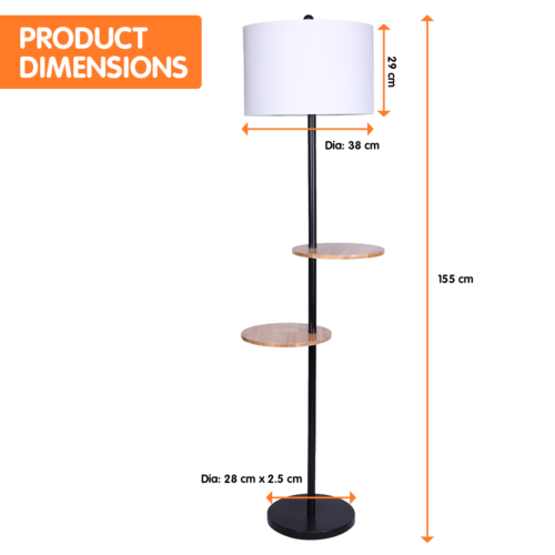 Sarantino Metal Floor Lamp Shade with Black Post in Round Wood Shelves - Image 3