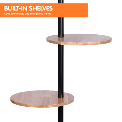 Sarantino Metal Floor Lamp Shade with Black Post in Round Wood Shelves - Image 5