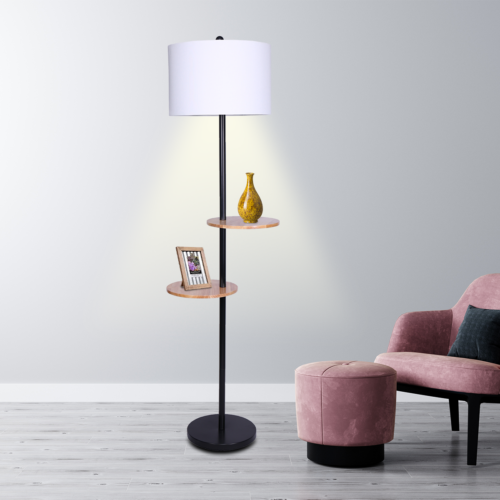 Sarantino Metal Floor Lamp Shade with Black Post in Round Wood Shelves - Image 6