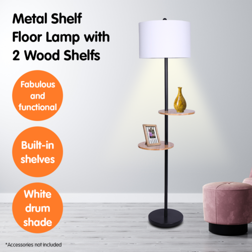 Sarantino Metal Floor Lamp Shade with Black Post in Round Wood Shelves - Image 7