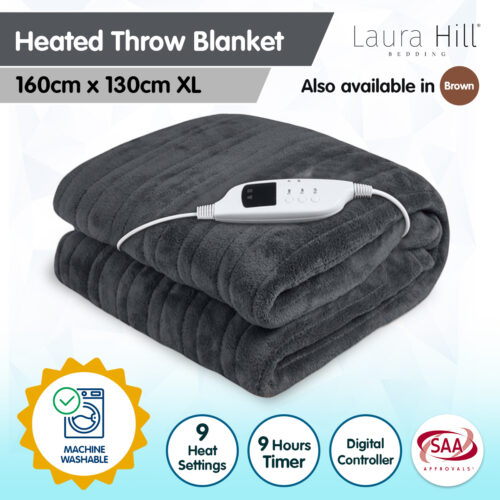 Laura Hill Heated Electric Blanket Throw Rug Coral Warm Fleece Grey - Image 3