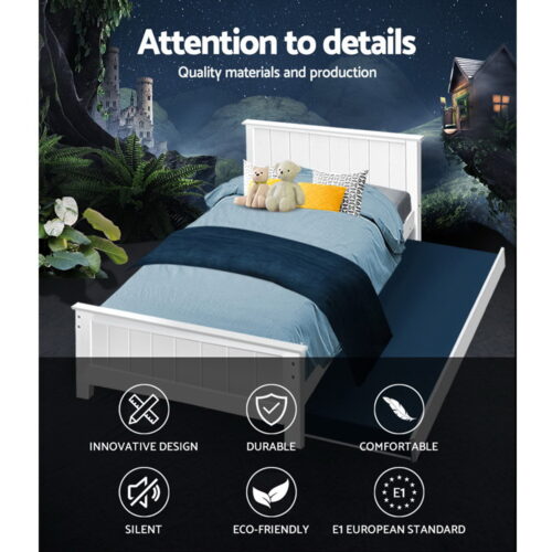 Artiss Bed Frame King Single Size Wooden Trundle Daybed White ELVIS - Image 3