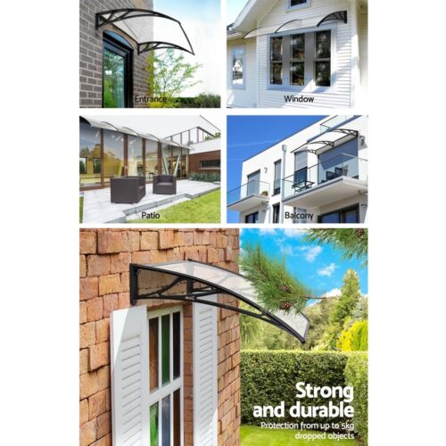 Instahut Window Awning Door Canopy 1m x 4m Transparent Sheet Black Plastic Frame - Image 5