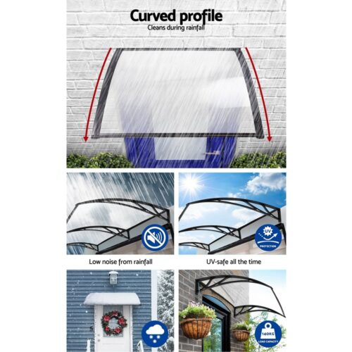 Instahut Window Awning Door Canopy 1m x 4m Transparent Sheet Black Plastic Frame - Image 6
