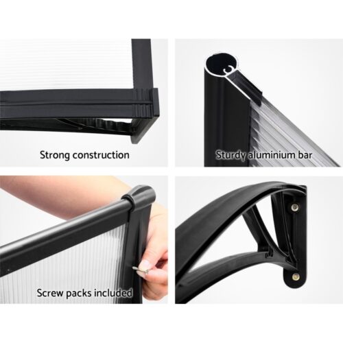 Instahut Window Awning Door Canopy 1m x 4m Transparent Sheet Black Plastic Frame - Image 7