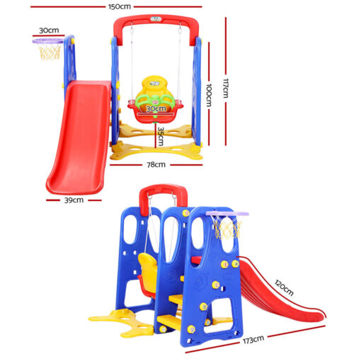 Keezi Kids Slide Swing Set Basketball Hoop Outdoor Playground Toys 120cm Blue - Image 3