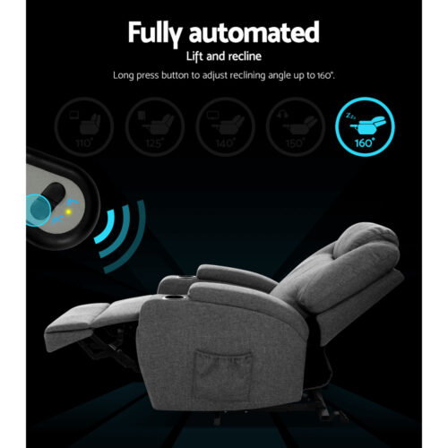 Artiss Recliner Chair Lift Assist Heated Massage Chair Velvet Milio - Image 4