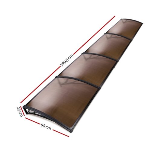 Instahut Window Awning Door Canopy 1m x 4m Brown Sheet Black Plastic Frame - Image 3