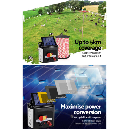 Giantz Fence Energiser 5KM Solar Powered Electric 500M Poly Rope - Image 5