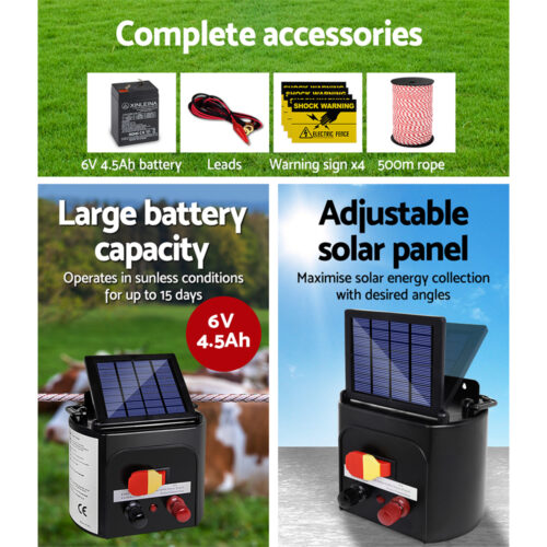 Giantz Fence Energiser 5KM Solar Powered Electric 500M Poly Rope - Image 6
