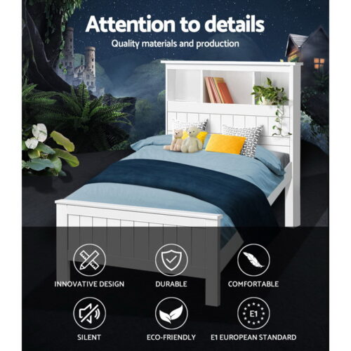 Artiss Bed Frame King Single Size Wooden with 3 Shelves Bed Head White - Image 3