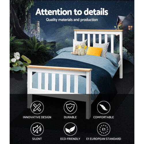 Artiss Bed Frame Single Size Wooden White PONY - Image 3