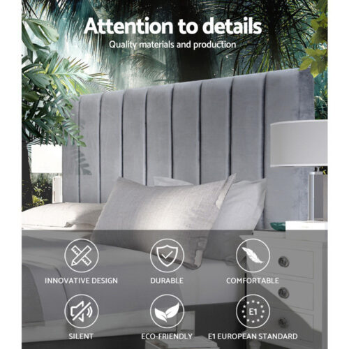 Artiss Bed Head Headboard Queen Velvet - VELA Grey - Image 3